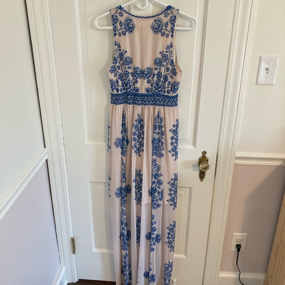 Altar'd State Cream Maxi Dress with Blue Floral Embroidery - Picture 2 of 3